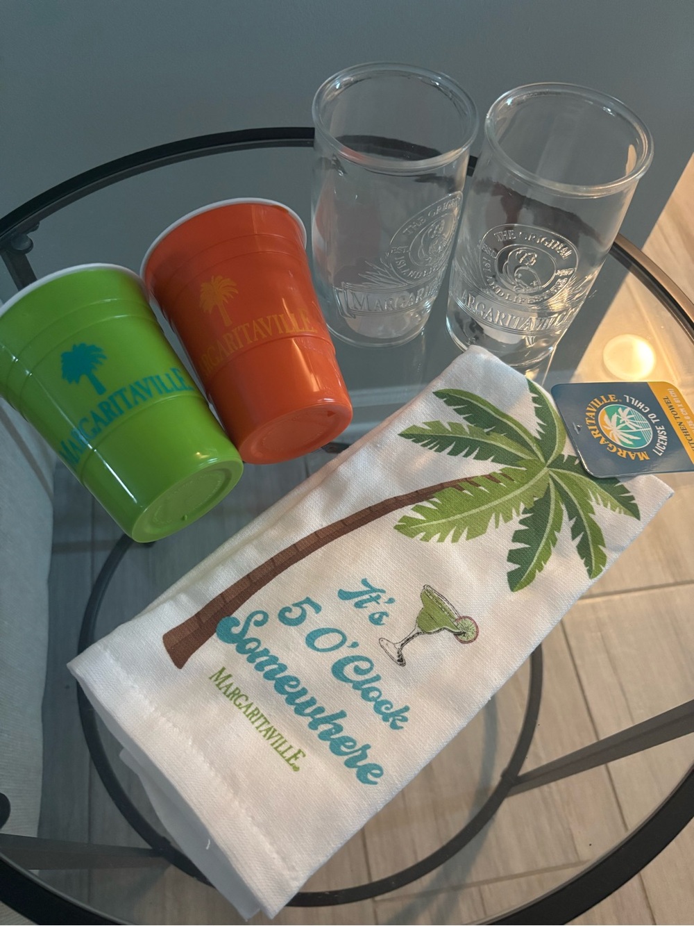 Margaritaville Palm-Print Bar Towel with Green & Orange Cups